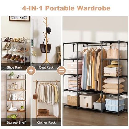 Portable Closet for Hanging Clothes 57.3 Inch Large Capacity Wardrobe Closet with Cover, 8 Pockets and 1 Hanging Rod, Easy Assembly Closet Organizer for Bedroom, Black