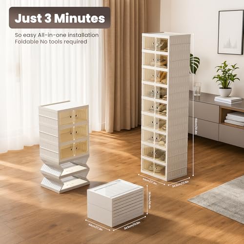 Foldable Shoe Organizer Storage Box, Portable Extra Large Folding Shoe Rack for Closet, Shoe Storage Box with Magnetic Transparent Door and Wheels, 9 Layers 18 Grids - size: White 9 Layers-A