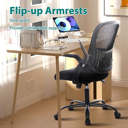 Sweetcrispy Executive Home Office Chair, Mesh Office Chair, Black | Ergonomic Executive, Adjustable Height, 360° Swivel Wheels, Mid-Back, Comfy Arms, Bedroom, Study, Student - color: Black, size: 18.5"D&Flip-up Arms-Plus