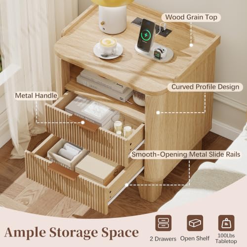 Baoz Fluted Nightstand with Charging Station & 2 Drawers, Natural Oak | 20" Wide Mid Century Modern Bedside Table with Light Wood Curved Profile 27in Tall LED Night Stand for Bedroom - color: Oak, size: 2 Drawers