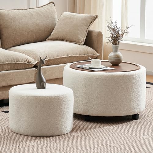 28 Inch Round Storage Ottoman with Wheels Set of 2, Multifunctional Coffee Table Ottoman with Removable Solid Wood Lid, Modern Circle Ottoman Foot Rest for Living Room, Bedroom, Beige - color: Beige