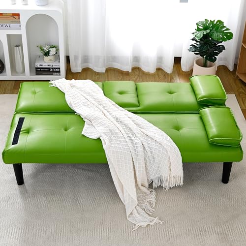 67" Futon Sofa Bed, Convertible Leather Futon Couch (Green) | Sleeper Bed Couches with Adjustable Backrest, Cup Holders, Comfy Folding Loveseat Couch for Small Spaces Living Room Office - color: Green