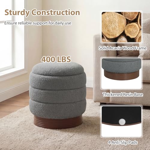 Giantex Round Ottoman with Storage, 360° Swivel Boucle Vanity Stool with Removable Lid, No Assembly Ottoman Foot Rest for Living Room, Bedroom, Makeup Room (Gray & Brown)