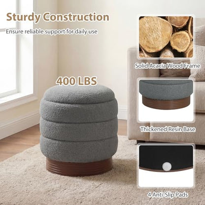 Giantex Round Ottoman with Storage, 360° Swivel Boucle Vanity Stool with Removable Lid, No Assembly Ottoman Foot Rest for Living Room, Bedroom, Makeup Room (Gray & Brown)