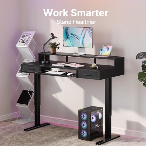 HUANUO 63″ x 26″ Electric Standing Desk with 2 Drawers &24.4″ Large Keyboard Tray, C-Clamp Mount Compatible, Adjustable Computer Desk for Office, Sit Stand Up Desk with 4 Height Presets, Black - color: Black, size: 63*26 inch