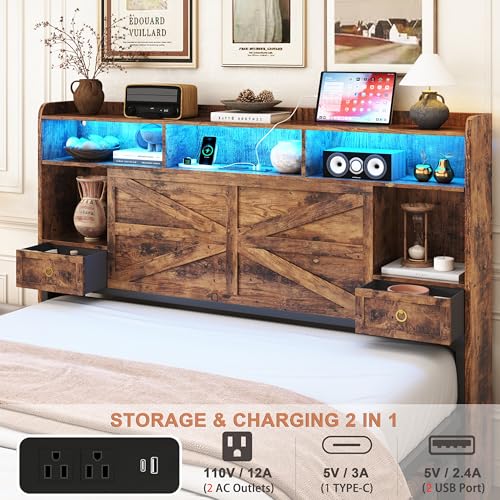 TIGUBFRE Full Bed Frame with 4 Drawers Bookshelf Headboard, Farmhouse Bed Frame with Charging Station & LED Lights, Metal Slats Support, Noise Free, No Box Spring Needed Rustic Brown - color: Rustic Brown, size: Full