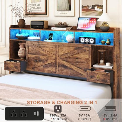 TIGUBFRE Queen Bed Frame with 4 Drawers Bookshelf Headboard, Farmhouse Bed Frame with Charging Station & LED Lights, Metal Slats Support, Noise Free, No Box Spring Needed Rustic Brown - color: Rustic Brown, size: Queen