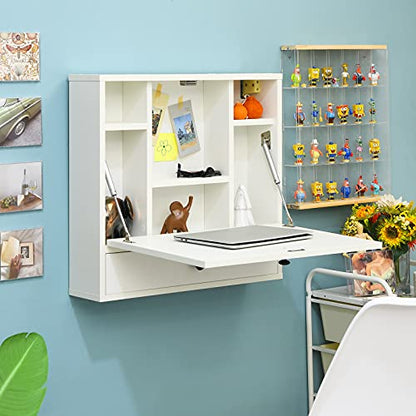 Tangkula Wall Mounted Desk, Pneumatic Floating Laptop Desk with Magnetic Foldable Tabletop, Space Saving Wall Mounted Table Wall Desk with Storage Drawer and Shelves (White) - color: White