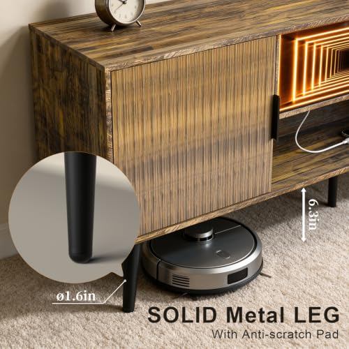 Lightdot 55" Fluted Small Amber TV Stand with Outlet & Fireplace Light | Media Console with Storage, Mid Century Cabinet Fits 55-65" TV, for Living Room/Bedroom/Sofa Cabinet,Easy Assembly - color: Amber-mirror/55"