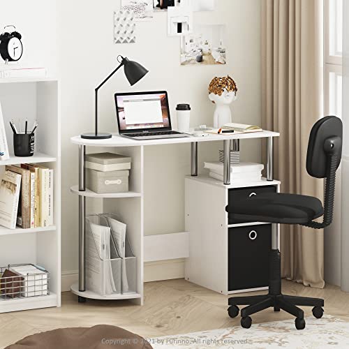 Furinno Jaya Simplistic Computer Study Desk, White Oak/Chrome/Black | Bin Drawers, Computer Desk with Side Shelf, Office Desk for Study, Home Office, Bedroom, Dorm, Study Room - color: White Oak/Stainless Steel/Black