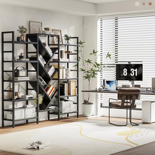 70x70” Triple 5 Tier Book Shelf, Large Wooden Bookcase with 17 Open Display Shelf, Modern Tree Bookshelf Metal Frame Tall Book Case Furniture for Living Room Bedroom Home Office Black - color: Black, size: 5 tier