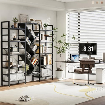 70x70” Triple 5 Tier Book Shelf, Large Wooden Bookcase with 17 Open Display Shelf, Modern Tree Bookshelf Metal Frame Tall Book Case Furniture for Living Room Bedroom Home Office Black - color: Black, size: 5 tier