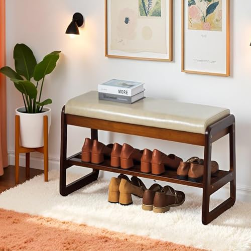 latifolia Solid Wood Bench, Entryway Shoe Bench with Cushion, 2 Tier Shoe Storage Organizer for Hallway, Living Room(Grey,31.50''L) - color: Grey, size: 31.50''L