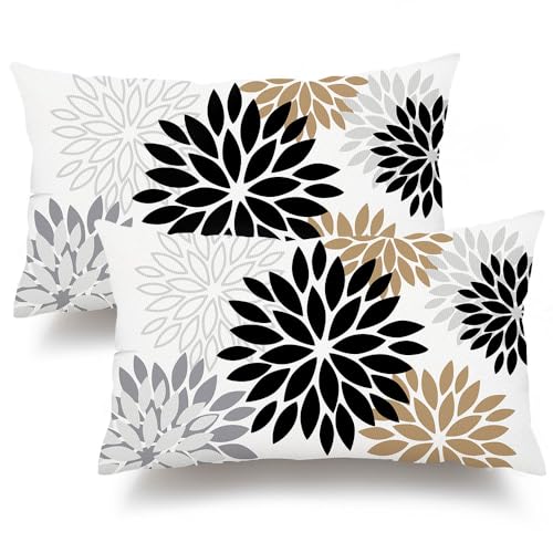 DFXSZ Outdoor Waterproof Pillow Covers 12x20 Set of 2 Black Brown Flower | Spring Summer Waterproof Flower Throw Pillowcases（No Inserts）Outdoor Decor for Patio Funiture Garden Polyester Covers - color: Black Brown Gray, size: 20" x 12" (Pack of 2)