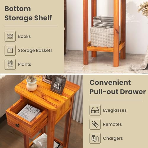 Narrow Side Table, Tall Nightstand with Drawer and Shelf, Small Bedside Tale for Small Space, Living Room End Tables, No Assembly (1, Brown) - color: Brown