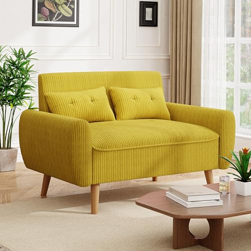 47'' Small Loveseat Sofa, 2 Seat Compact Couch with Tapered Legs, Yellow Upholstered Furniture, Solid Wood Frame, Comfy Foam Cushion, Easy Assembly for Small Spaces - color: Yellow
