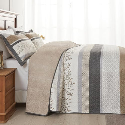 Oversized King Bedspreads 128x120, Reversible XL Bed Spread | 100% Cotton Extra Large Quilt Comforter, Farmhouse Botanical Pattern, Lightweight Bedding Set with 2 Shams, Khaki/Beige - color: Khaki/Beige/Gray, size: Oversized King Plus(128"x120")
