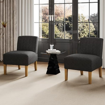 VIRRMO Armless Accent Chairs Set of 2 for Living Room, Modern Slipper Chair Living Room Chairs with Solid Wood Legs, Makeup Vanity Chair Fabric Comfy Upholstered Arm Chair Accent Chair,Black - color: Black
