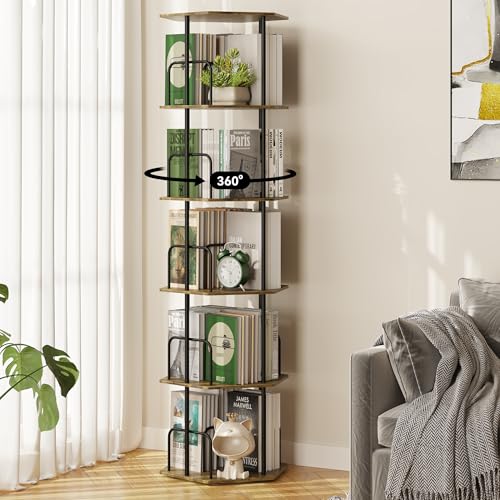 SUNMORY 5 Tier Rotating Bookshelf Tower, Revolving 360 ° Spinning Bookcase | Hexagonal Corner Book Shelf Storage Carousel, Vertical Rotate Turning Organizer Book Shelves for Living Room Office Bedroom - color: Brown, size: 5 Tier