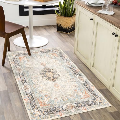 Small Rugs 2x3,Vintage Rug for Entryway Bathroom Entrance Doormat | Boho Bohemian Distressed Washable Accent Floor Throw Carpet for Kitchen Bedroom Non Slip,Retro Blue Grey Floral - color: Retro Blue, size: 2'x3'