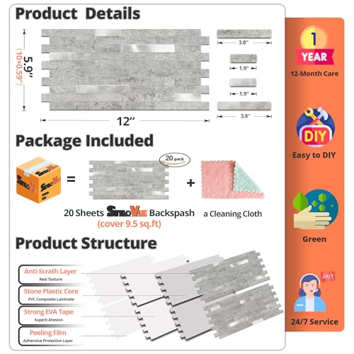 StyloVue 20 Sheets Peel and Stick Backsplash for Kitchen, Slate Gray with Metal Silver Look Stick on Tile Upgrade Your Kitchen Backsplash, RV, Fireplace - color: Slate Gray With Metal Silver