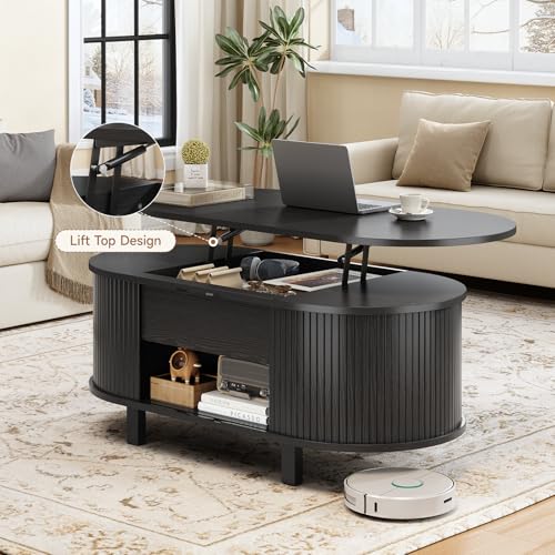 43.3" Oval Lift Top Fluted Coffee Table with Sliding Door, Black | Mid-Century Modern Fluted Coffee Table with Lift Tabletop & Multi-Storage Spaces, Dining Table for Living Room, Home Office - color: Black