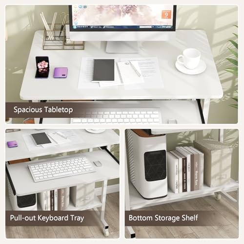 Tangkula Rolling Computer Desk Cart with Keyboard Tray, Mobile Portable Laptop PC Desk with CPU Stand & 3 Hooks for Sofa & Bed, Compact Small Desk on Wheels for Small Spaces (White) - color: White