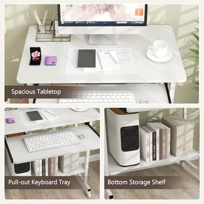 Tangkula Rolling Computer Desk Cart with Keyboard Tray, Mobile Portable Laptop PC Desk with CPU Stand & 3 Hooks for Sofa & Bed, Compact Small Desk on Wheels for Small Spaces (White) - color: White