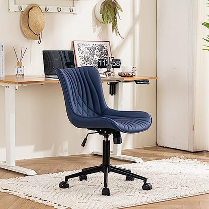 YOUTASTE Navy Blue Office Chair, Faux Leather Armless Desk Chair with Wheels, Height Adjustable, Swivel, Rocking, 300 lbs Capacity, Metal Base, for Home Office Vanity, Purple - color: Navy Blue
