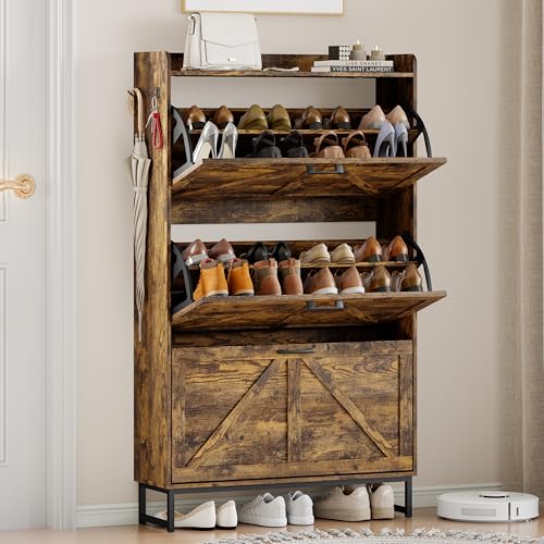 Shoe Cabinet Storage for Entryway, Shoe Storage Cabinet with 3 Flip Drawers, Freestanding Narrow Shoe Rack Organizer with Metal Legs & Side Hook for Foyer, Hallway, Brown - color: Brown, style: 3 Drawers