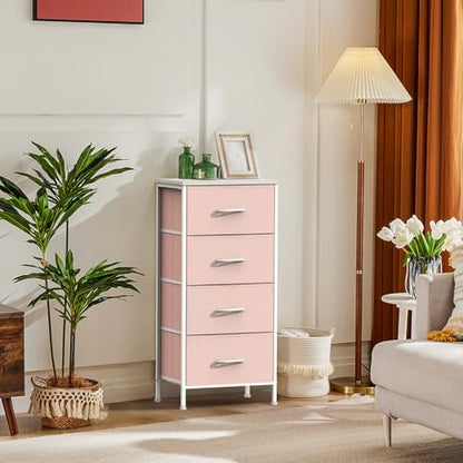 DUMOS Nightstand, Bedside Table with 4 Fabric Drawers | Night Stand with Sturdy Steel Frame Wood Top, Small Narrow Dresser Organizer Furniture, Bedroom Closet Living Room, Pink - color: Pink, size: 11.8"D x 17.7"W x 37.4"H (4 Drawers)