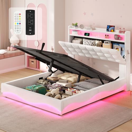 Lift Up Twin Bed Frame with Storage Headboard, Creamy White | LED Lights, Charging Station, Hidden Cubby, Velvet Upholstered Princess Twin Bed with Hydraulic Storage, for Girls - color: Velvet White, size: Twin