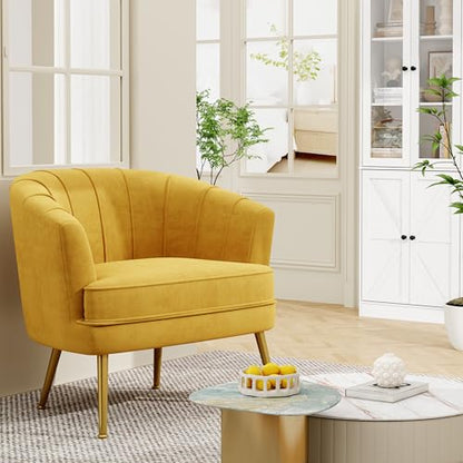Velvet Accent Chair Set of 2, Barrel Armchair, Yellow | Velvet Upholstery, Golden Metal Legs, Comfy Barrel Back, Modern Style, Living Room Bedroom Office - color: Yellow, size: 2 Chairs