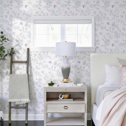 Simon&Siff Blue and White Vintage Floral Birds Peel and Stick Wallpaper | 1200" x 17.3" Removable Self Adhesive Waterproof Contact Paper, Renter Friendly Wall Paper for Cabinets, Furniture, DIY Decor - color: Blue, size: 17.3" x 1200"