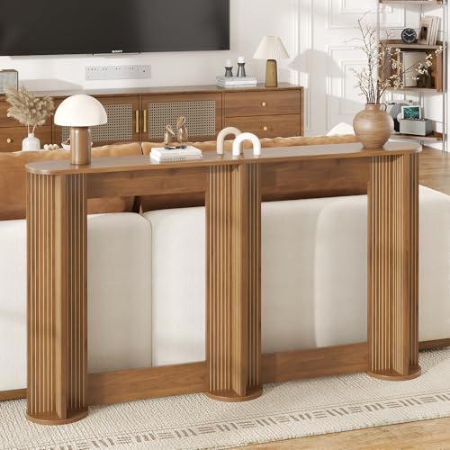 55 Inch Small Narrow Console Table Behind Couch, Mid-Century Modern Fluted Skinny Entryway Table, Slim Sofa Table for Hallway, Living Room, Wood, Brown, Walnut - color: Walnut-55 Inch