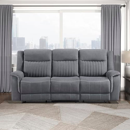 Lexicon Polished Microfiber Wall Hugger Manual Double Reclining Sofa, Gray | 86"W Upholstered 3 Seater Manual Sofa Recliner for Living Room/Apartment, Tool Free Assembly - color: Grey, size: Reclining Sofa