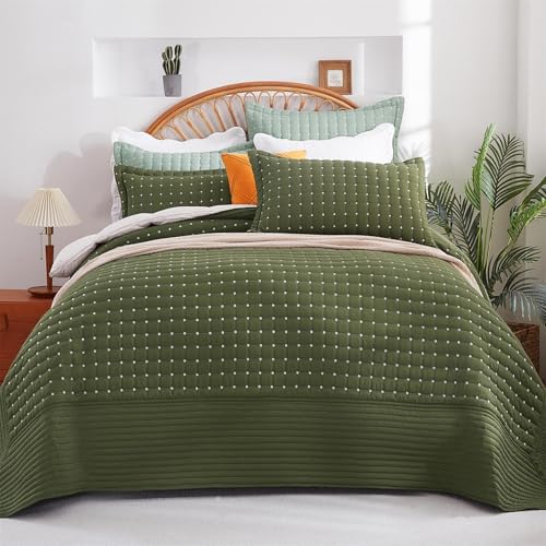 Cmfshape 120"x120" Oversized King Size Quilt,Lightweight Minimalist Bedspread with Embroidery,Modern Farmhouse Coverlet,Drapes to Floor All-Season Bedding Set for King/Cal King Beds,Olive Green - color: Olive Green, size: Oversize King 120"x120"