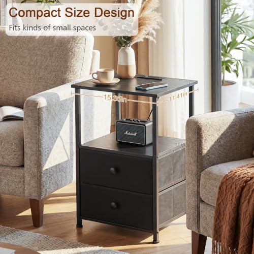 Nightstands Set of 2, Night Stand with Charging Station | Bedside Table with 2 Fabric Drawers for Bedroom, End Tables with Storage Shelf for Small Spaces, Black - color: Black, style: Power