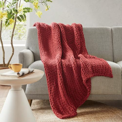 Madison Park Chunky Double Knit All Season Throw Blanket, 50 x 60, Red | Ultra Soft, Acrylic, Cozy Warmth for Sofa or Bed, Lightweight, Boho, OEKO-TEX Certified - color: Red