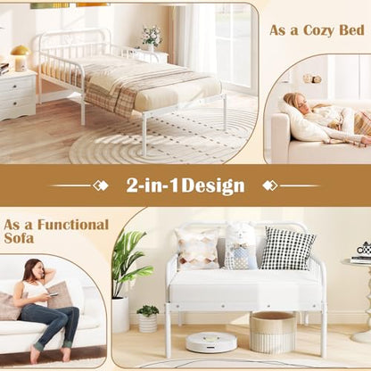 GIANTEX Metal Twin Bed Frame, Convertible Sofa Bed with Headboard & Armrests, Pull-Out Sleeper Chair Bed for Small Spaces Dorm Guest Apartment, Suitable for Folding Sofa Mattress, White - color: White