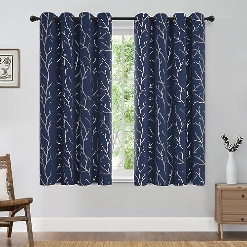 BUHUA Blackout Curtains 2 Panels Set Small Window Grommet Top Window Drapes Room Darkning Short Curtains Shinny Tree Branches Print Pattern 52W x 45L, Navy Blue - color: Navy Blue, size: 52"W x 45"L (Pack of 2)
