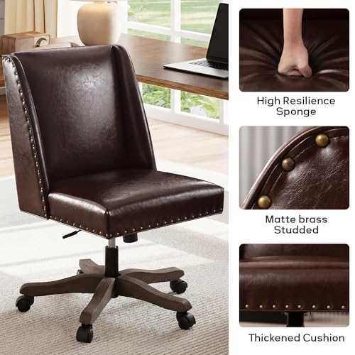 Upholstered Armless Office Chair Faux Leather Swivel Home Desk Office Chair | Modern Comfy Boho Office Chair with Wheels Adjustable Desk Chair no Arms for Sewing Women Farmhouse Study Studio PU Reddish - color: Reddish