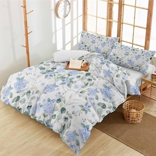 Duvet Cover Set Twin, Blue Hydrangea Flower Leaves on White 3 Piece Bedding Set Breathable Quilt Cover Set, Farmhouse Floral Soft Microfiber Bed Set with Pillow Shams - size: Twin