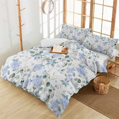Duvet Cover Set Twin, Blue Hydrangea Flower Leaves on White 3 Piece Bedding Set Breathable Quilt Cover Set, Farmhouse Floral Soft Microfiber Bed Set with Pillow Shams - size: Twin