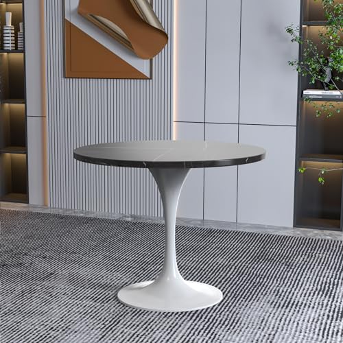 LeisureMod Verve Modern Dining Table with a 36" Round Sintered Stone Tabletop and White Steel Pedestal Base for Kitchen and Dining Room, Black - color: Black Stone, size: 36 inch Wide