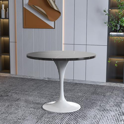 LeisureMod Verve Modern Dining Table with a 36" Round Sintered Stone Tabletop and White Steel Pedestal Base for Kitchen and Dining Room, Black - color: Black Stone, size: 36 inch Wide