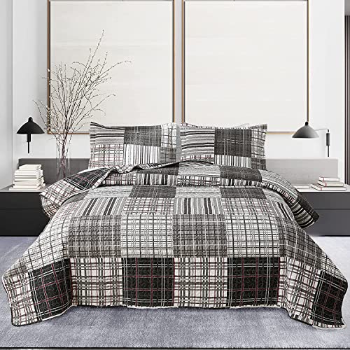Ycosy King Size Quilt Set Bedding Plaid Patchwork Bedspread Set Soft Lightweight Quilt Bedspread Bedding Black White Grey Plaid Stripe Modern Quilts Patchwork Coverlet Mens Home Quilt for King Bed - color: Grey, size: King