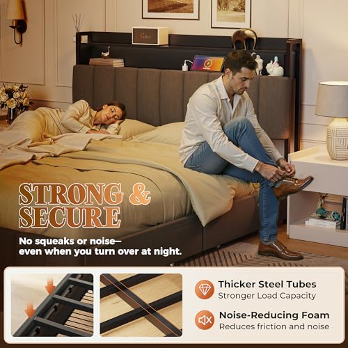 Bed Frame Queen Size with Upholstered Headboard & Charging Station, Queen Bed Frame with 4 Storage Drawers, 2-Tier Open Shelves, No Box Spring Needed, Slient Foam Strip, Easy Assembly, Grey - color: Grey, size: Queen