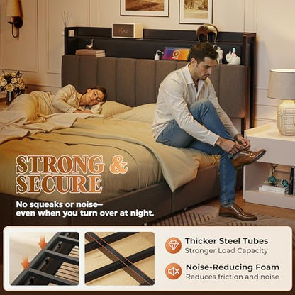 Bed Frame Queen Size with Upholstered Headboard & Charging Station, Queen Bed Frame with 4 Storage Drawers, 2-Tier Open Shelves, No Box Spring Needed, Slient Foam Strip, Easy Assembly, Grey - color: Grey, size: Queen