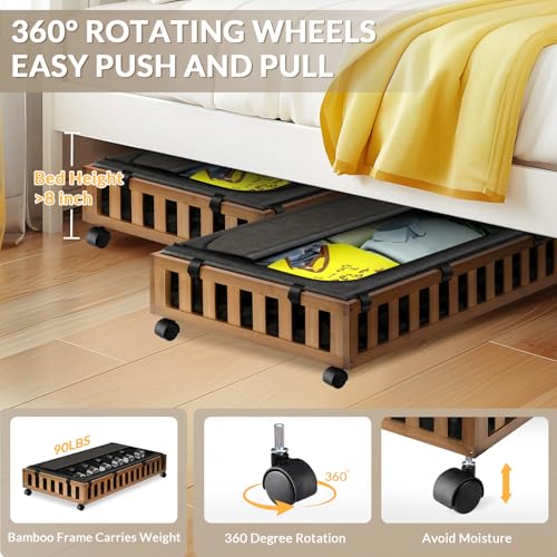 Gashell 2 Pack Bamboo Under Bed Storage with Wheels, 39”x20”x7.8” Lager Under Bed Storage Containers (Brown)